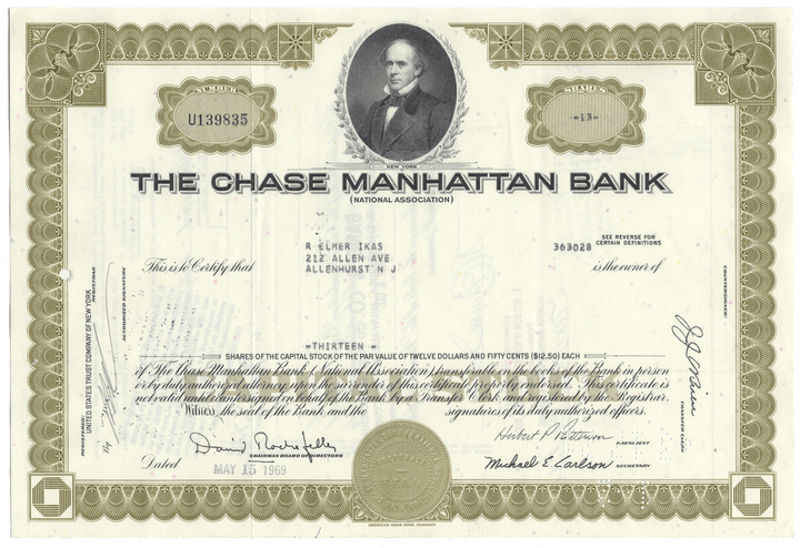 Vintage stock certificate from The Chase Manhattan Bank with a portrait of a man in the top right corner.