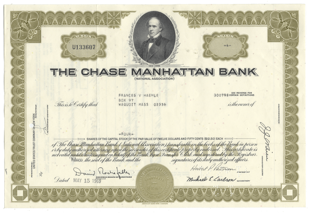 The Chase Manhattan Bank stock certificate with a portrait of a man