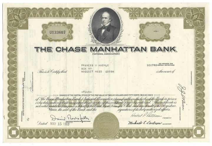 The Chase Manhattan Bank stock certificate with a portrait of a man