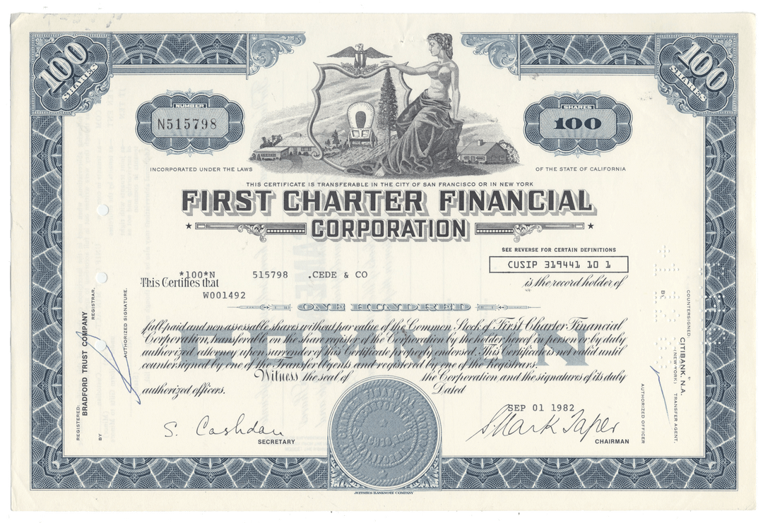 First Charter Financial Corporation Stock Certificate