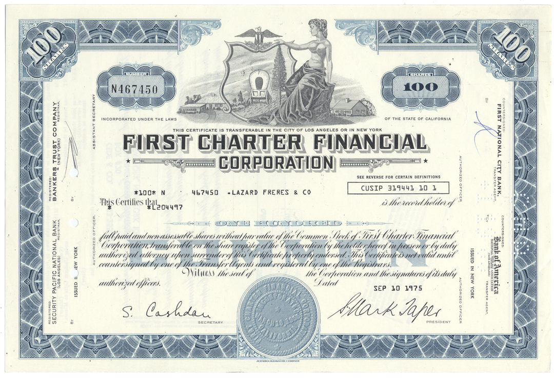 First Charter Financial Corporation Stock Certificate