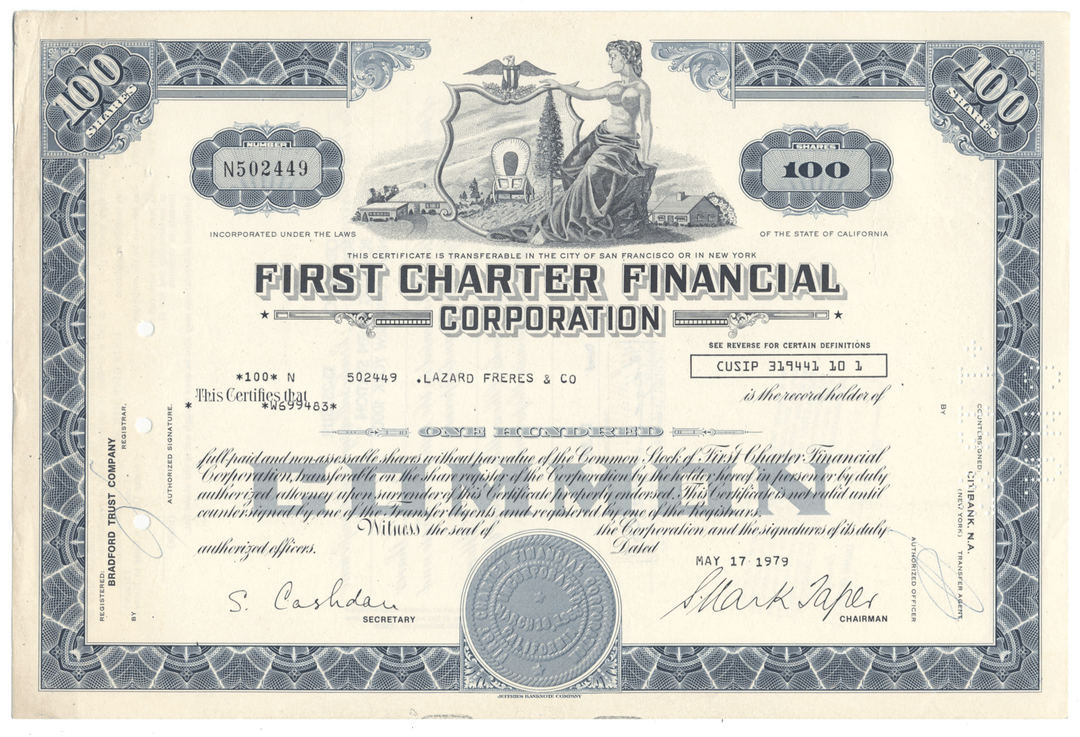 First Charter Financial Corporation Stock Certificate