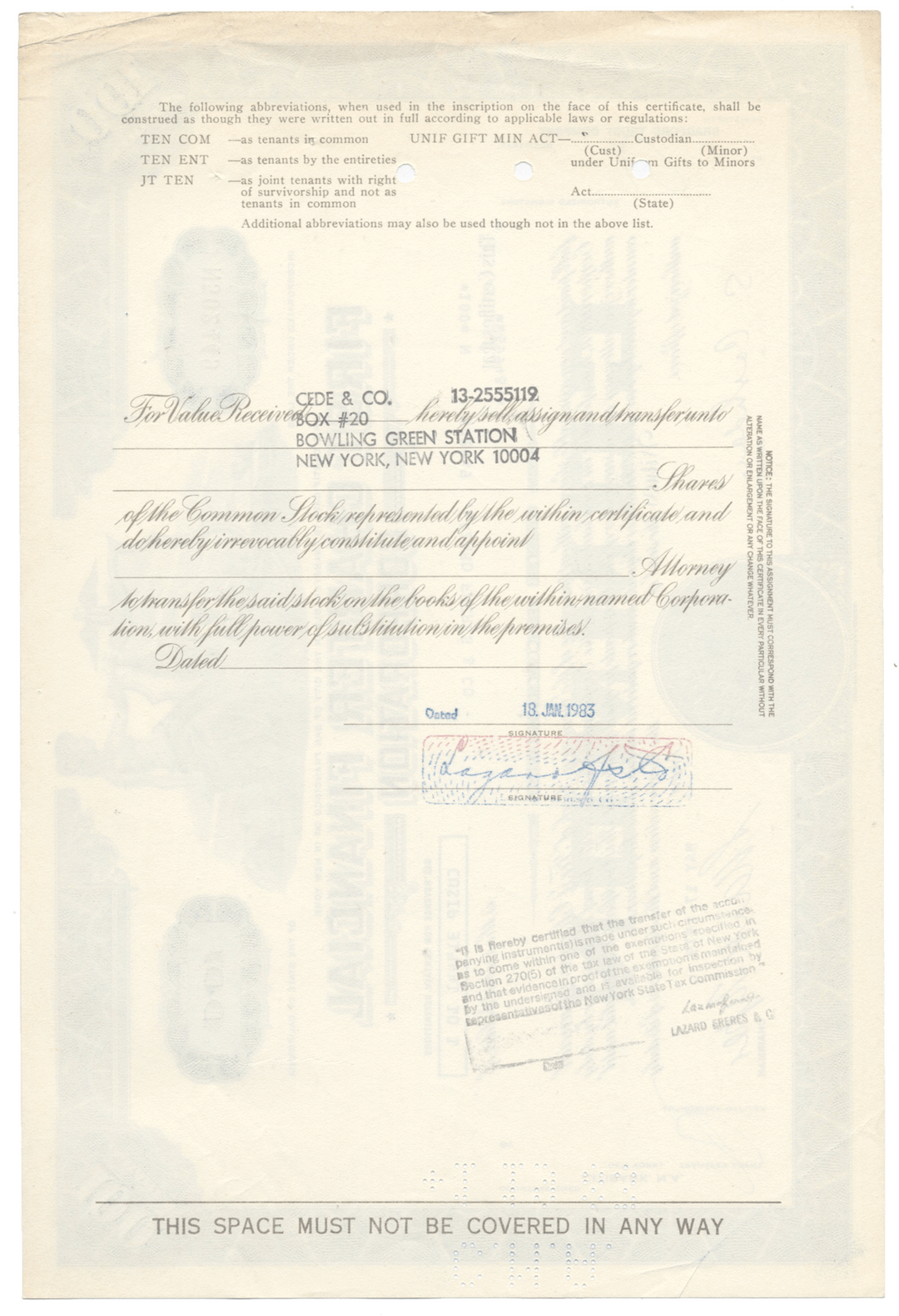 First Charter Financial Corporation Stock Certificate