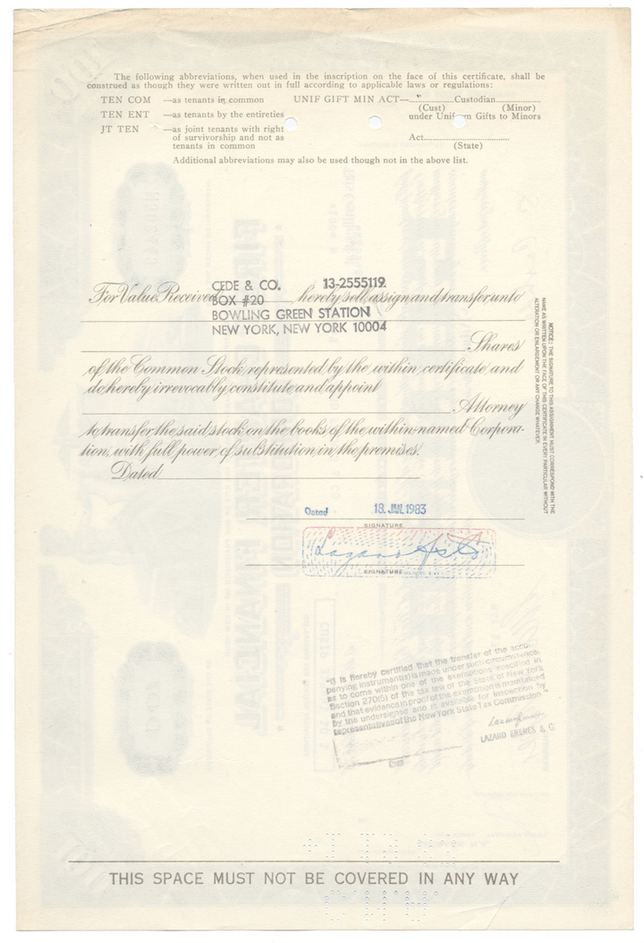 First Charter Financial Corporation Stock Certificate