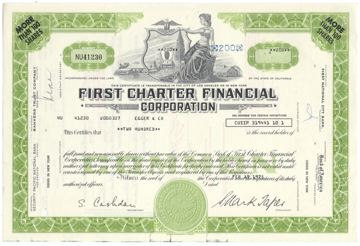 First Charter Financial Corporation Stock Certificate