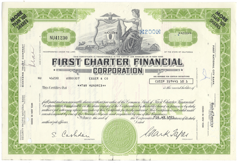 First Charter Financial Corporation Stock Certificate