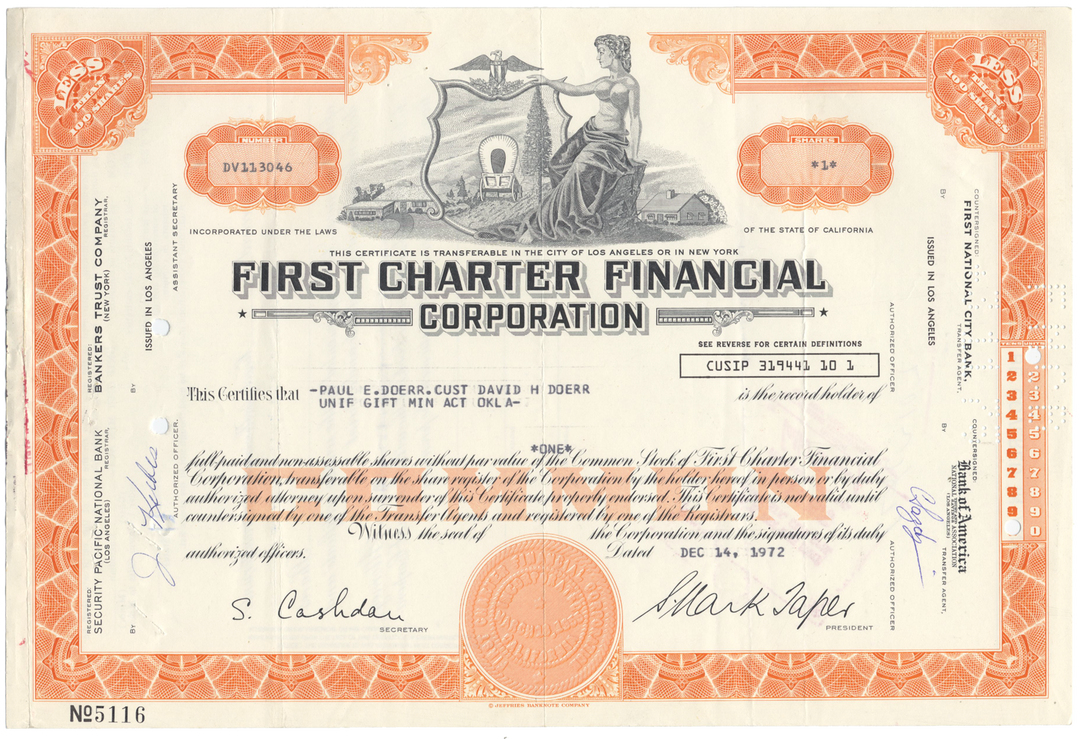 First Charter Financial Corporation Stock Certificate