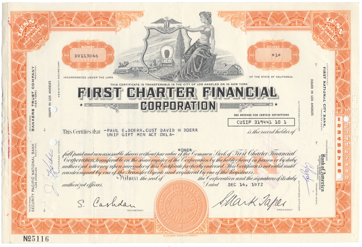 First Charter Financial Corporation Stock Certificate