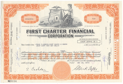 First Charter Financial Corporation Stock Certificate