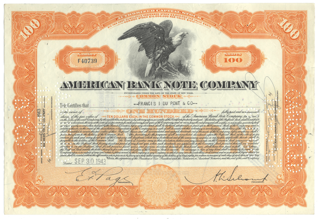 Vintage American Bank Note Company stock certificate with an eagle emblem from 1943