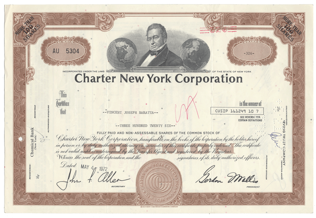 Charter New York Corporation stock certificate 