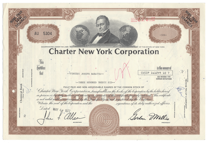 Charter New York Corporation stock certificate 