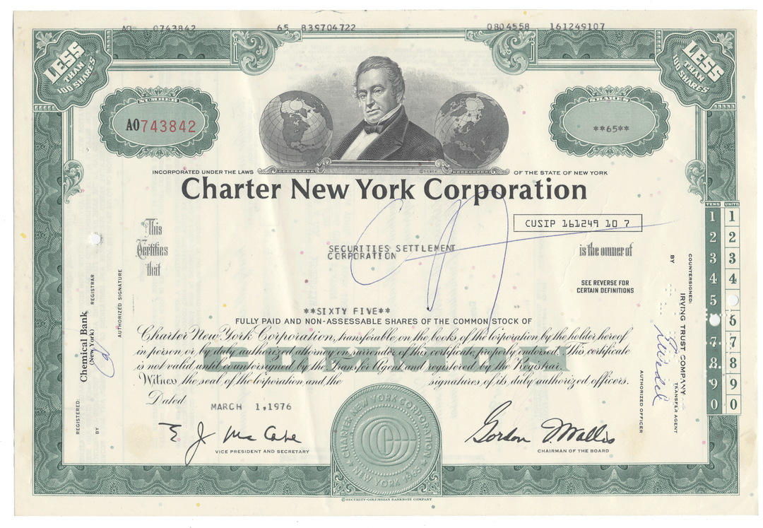 Charter New York Corporation stock certificate with a portrait of a man and decorative elements.