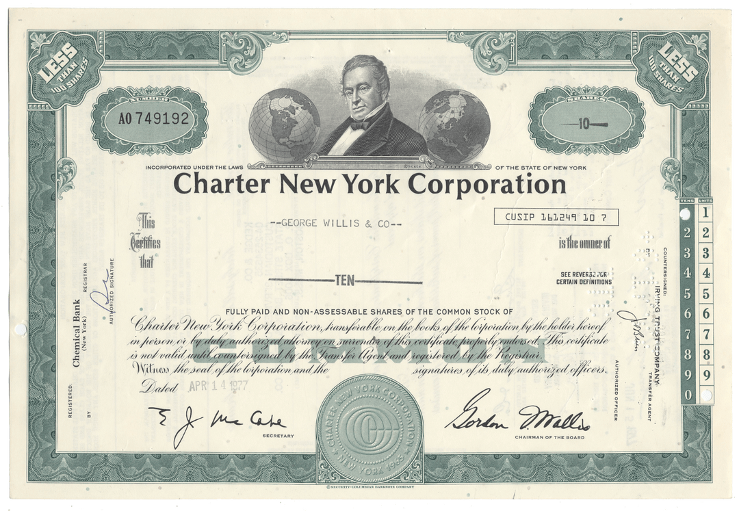 Charter New York Corporation stock certificate