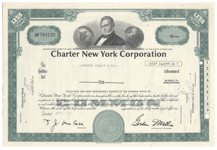 Charter New York Corporation stock certificate