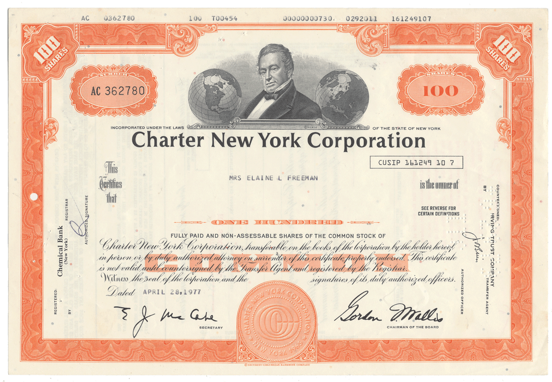 Charter New York Corporation stock certificate