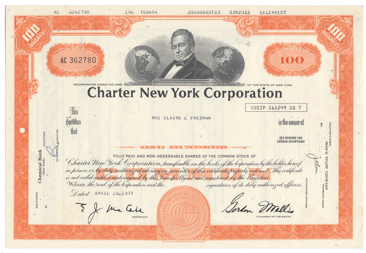 Charter New York Corporation stock certificate