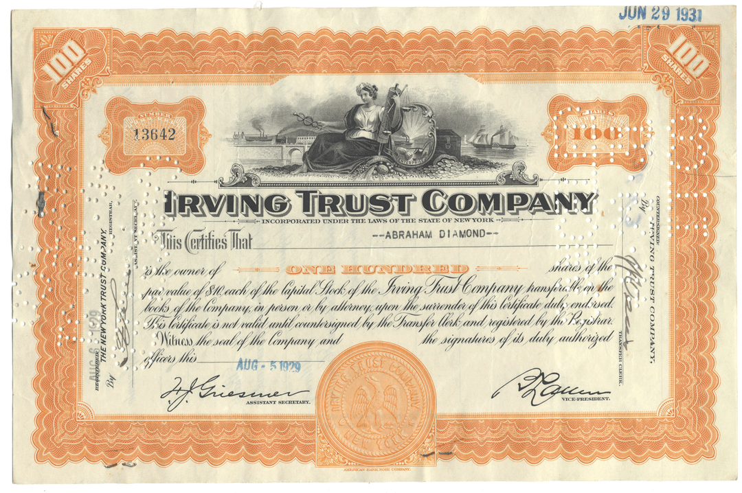 Irving Trust Company Stock Certificate