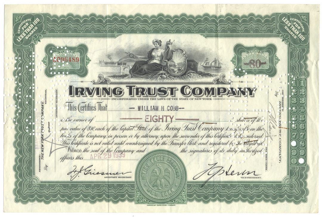 Irving Trust Company Stock Certificate