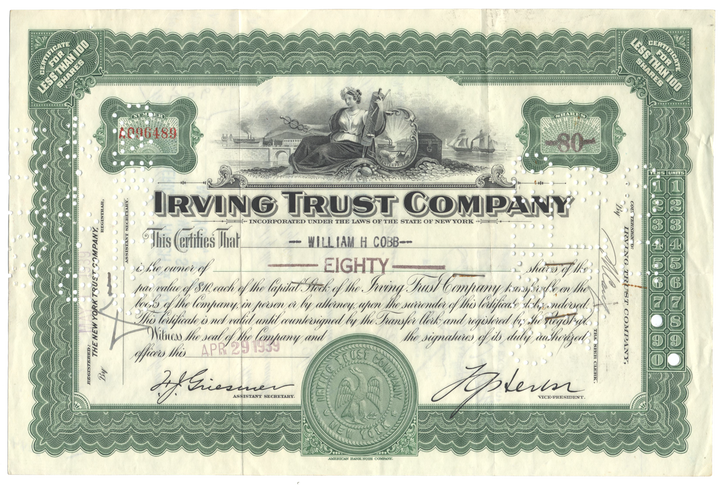 Irving Trust Company Stock Certificate