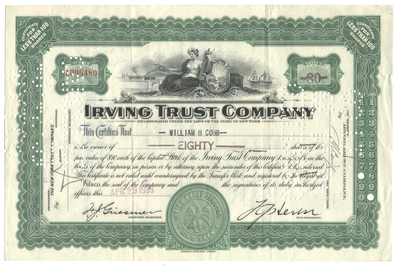Irving Trust Company Stock Certificate