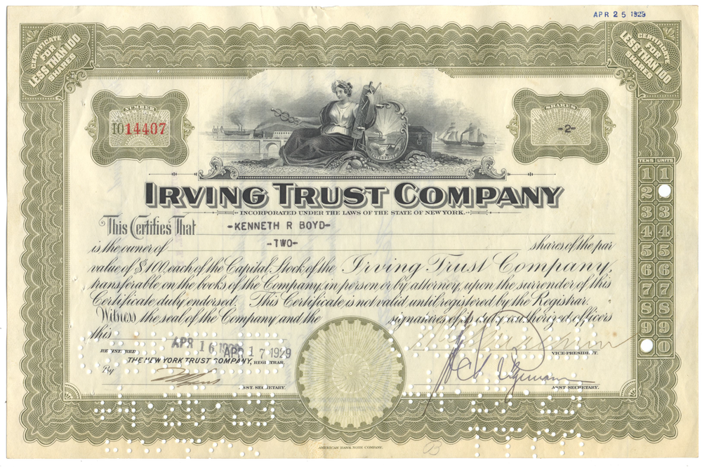 Irving Trust Company Stock Certificate