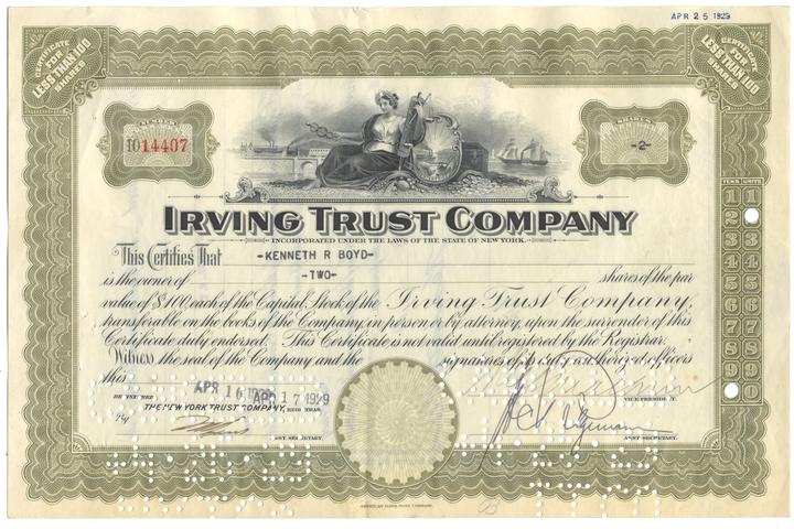 Irving Trust Company Stock Certificate