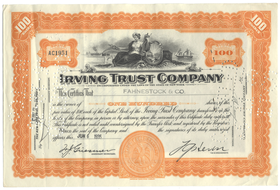 Irving Trust Company Stock Certificate