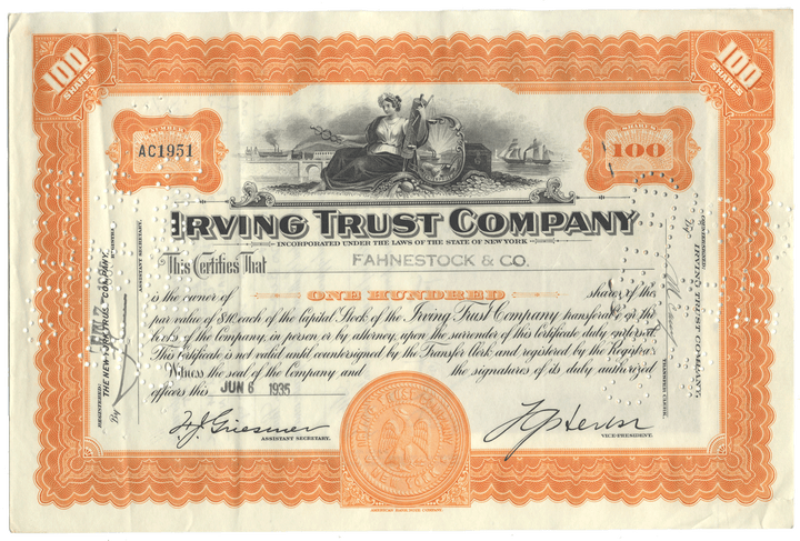 Irving Trust Company Stock Certificate