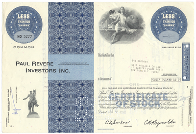Paul Revere Investors Inc. Stock Certificate
