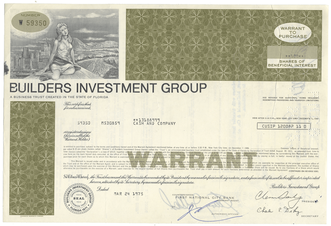  Builders Investment Group warrant document with scenic illustration and text