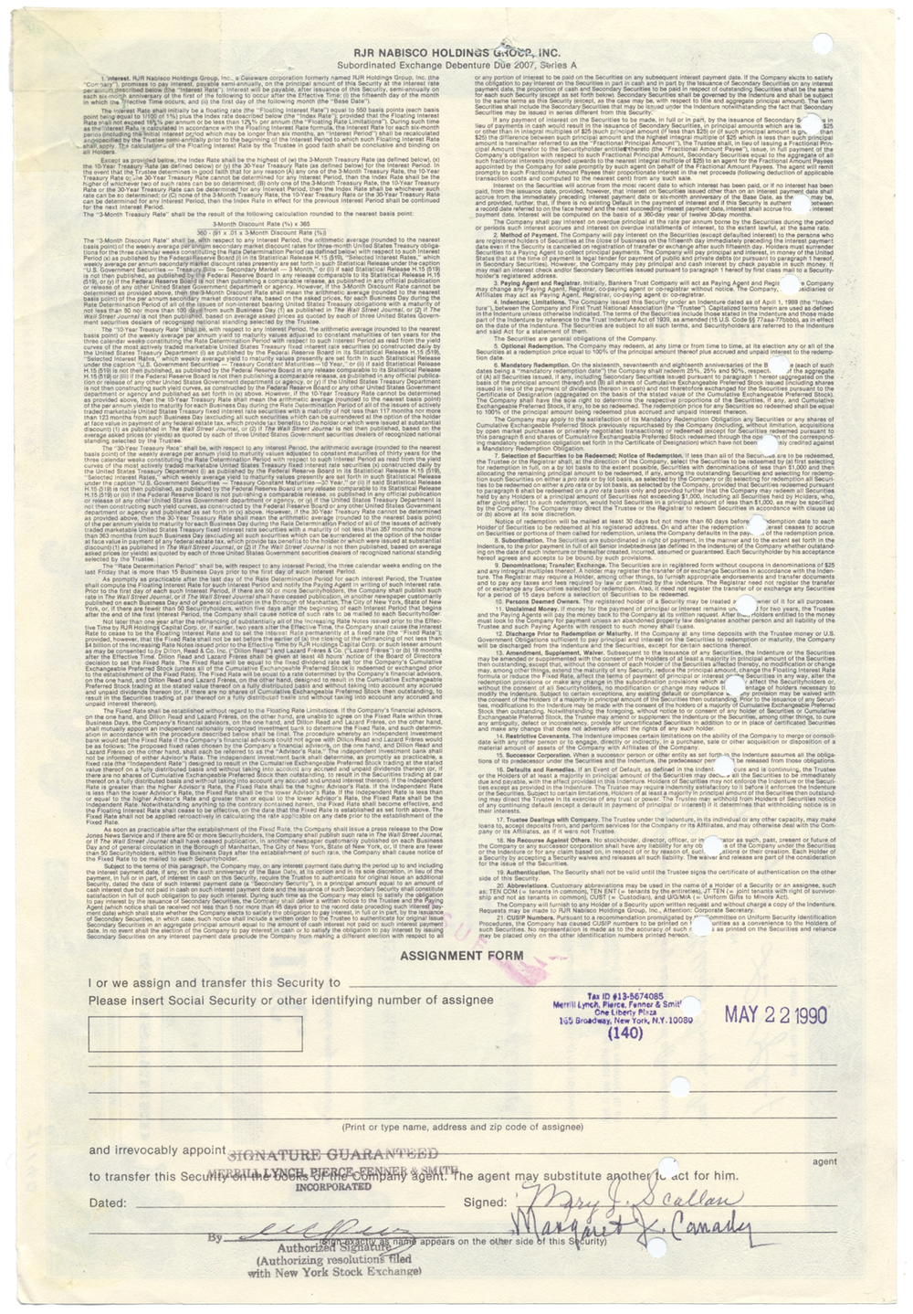 RJR Nabisco Holdings Group, Inc. Bond Certificate