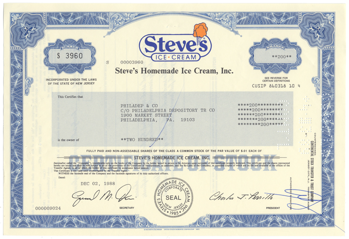 Steve's Homemade Ice Cream, Inc. Stock Certificate