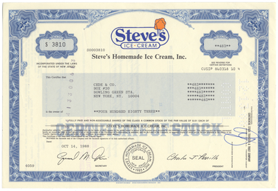 Steve's Homemade Ice Cream, Inc. Stock Certificate