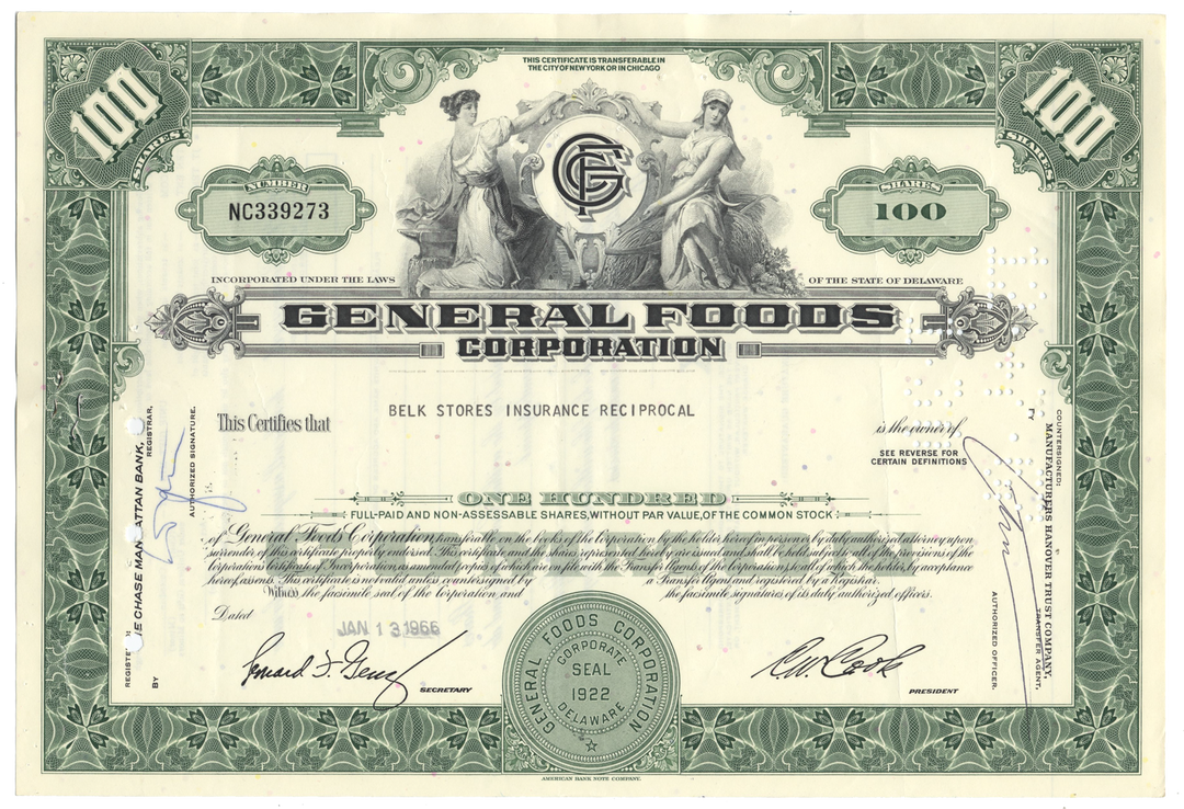 Vintage stock certificate from General Foods Corporation from 1966