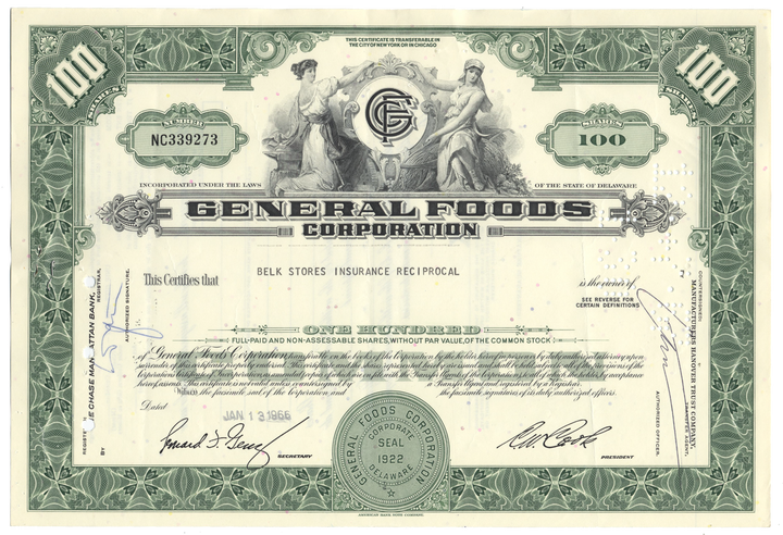 Vintage stock certificate from General Foods Corporation from 1966