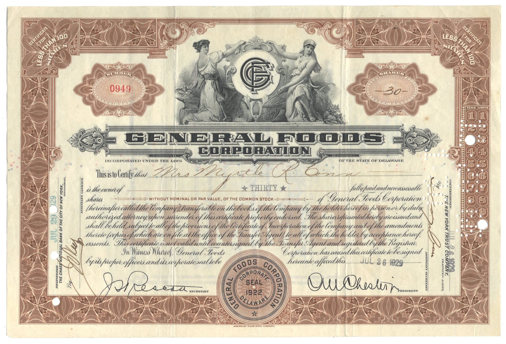 Vintage stock certificate of General Foods Corporation from 1929