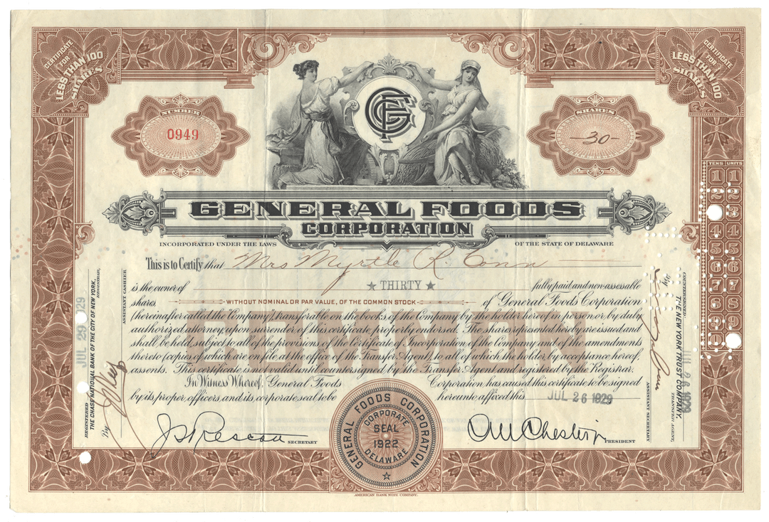 Vintage stock certificate of General Foods Corporation from 1929