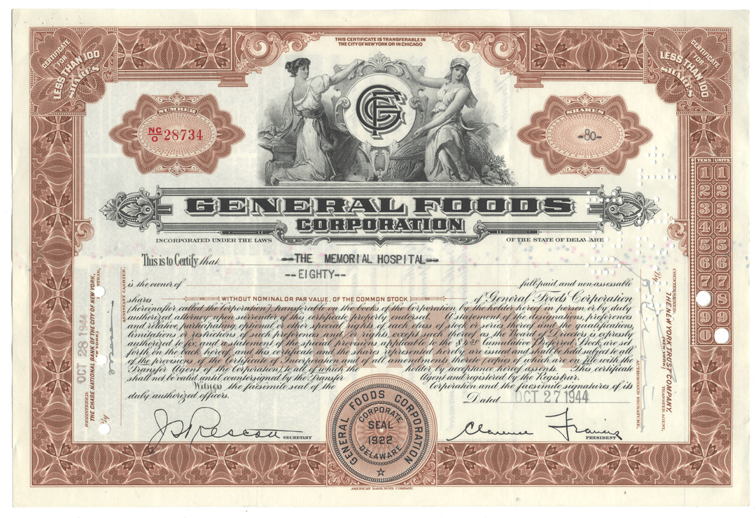 Vintage stock certificate of General Foods Corporation from 1944