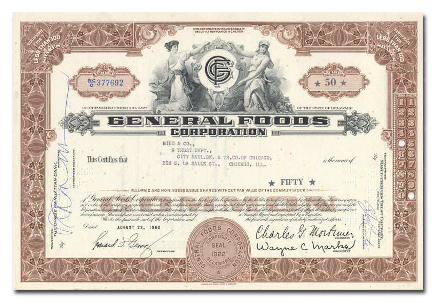 Vintage stock certificate of General Foods Corporation from 1960