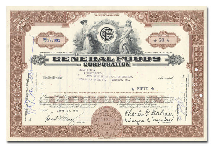 Vintage stock certificate of General Foods Corporation from 1960