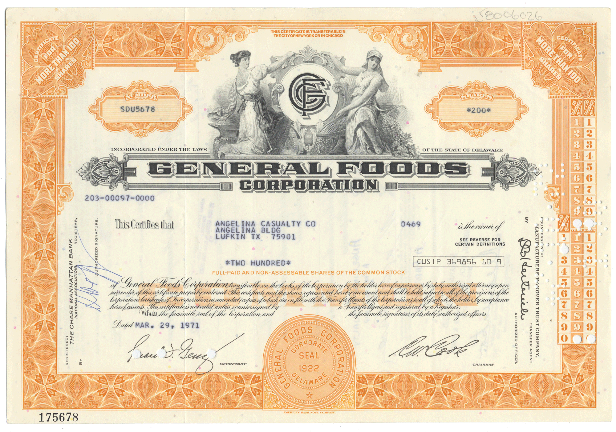 Vintage stock certificate of General Foods Corporation with decorative elements and text.