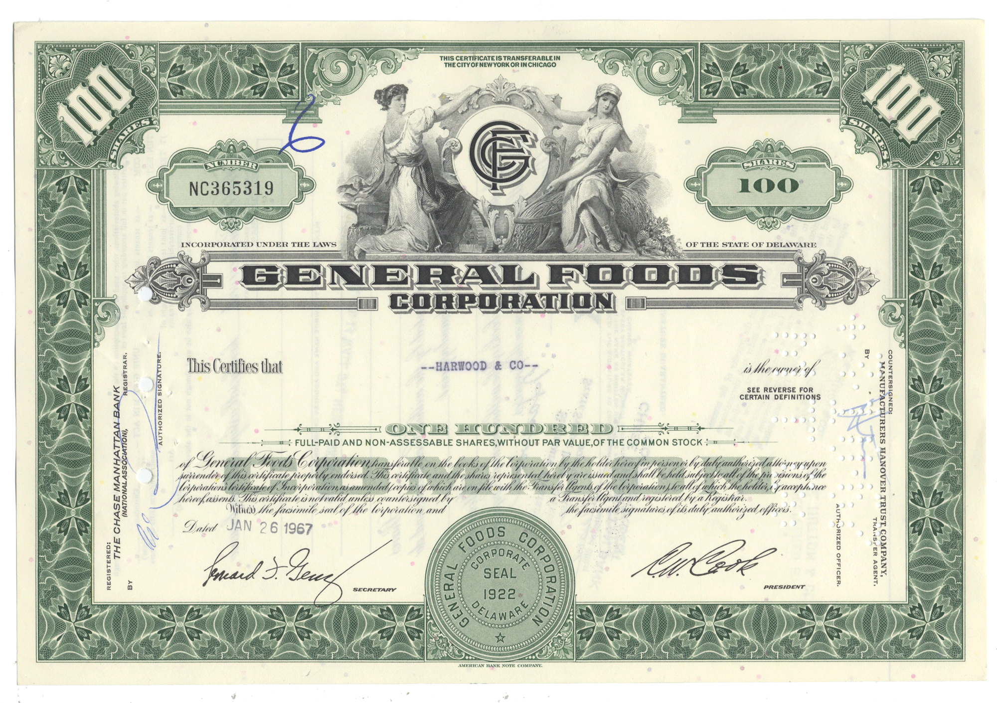 Vintage stock certificate of General Foods Corporation from 1967