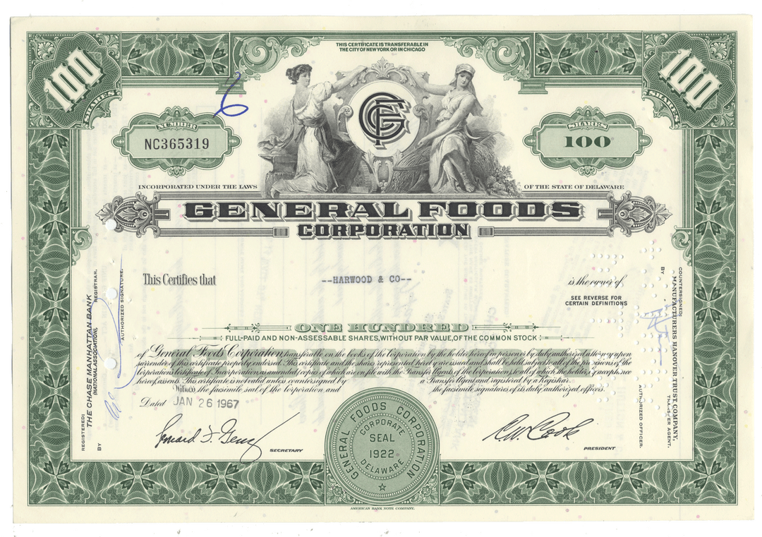 Vintage stock certificate of General Foods Corporation from 1967