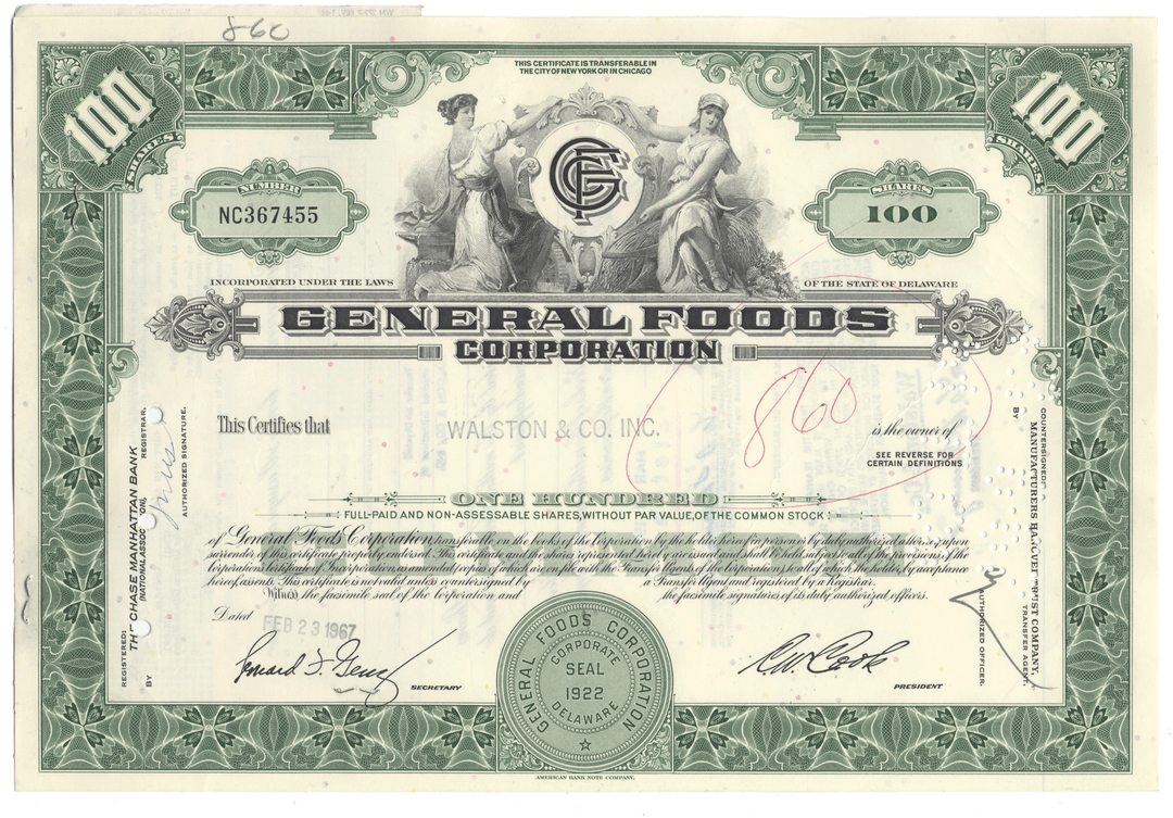 General Foods Corporation stock certificate with green and white design