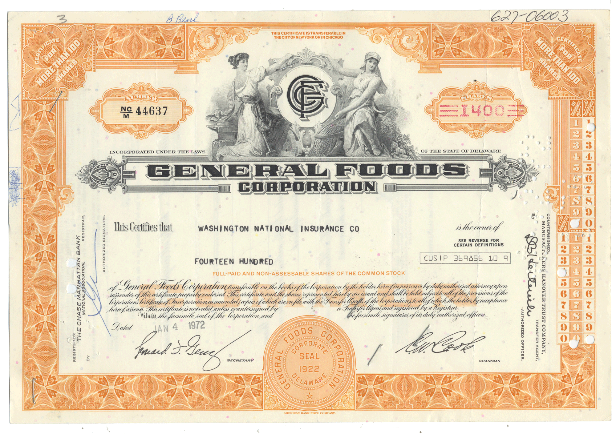 Vintage stock certificate from General Foods Corporation from 1972