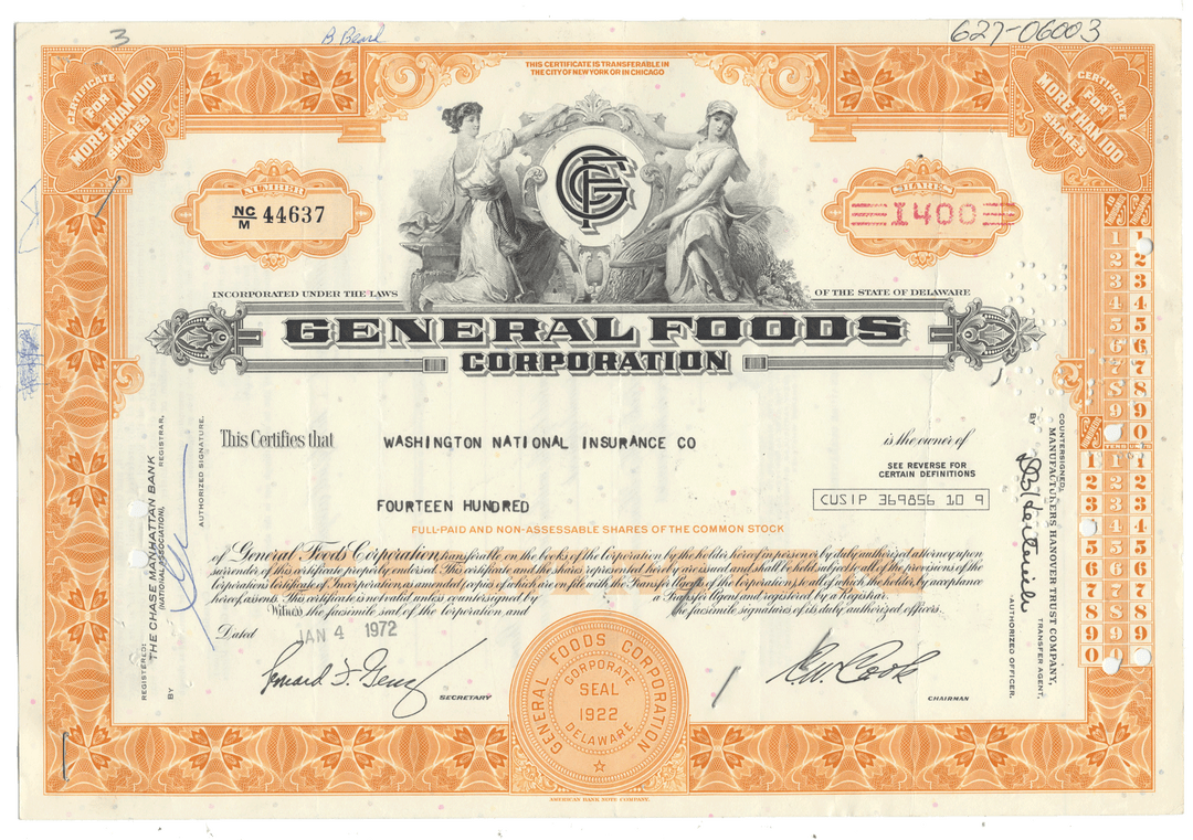 Vintage stock certificate from General Foods Corporation from 1972