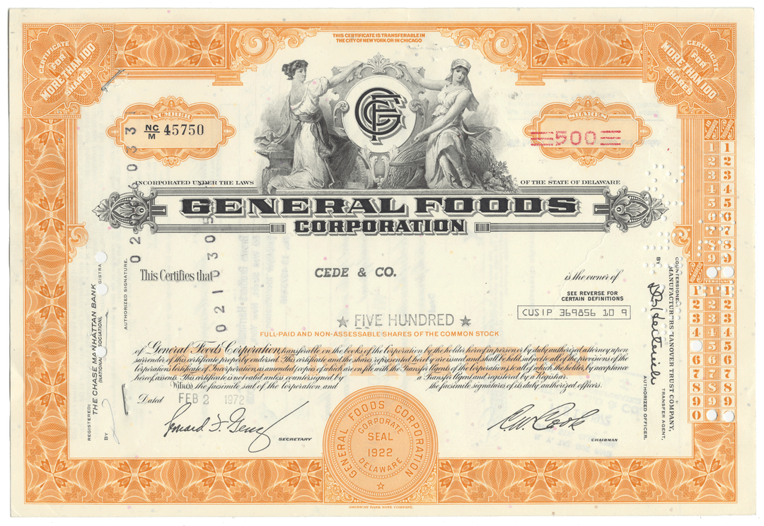 Vintage stock certificate of General Foods Corporation with decorative elements and text.