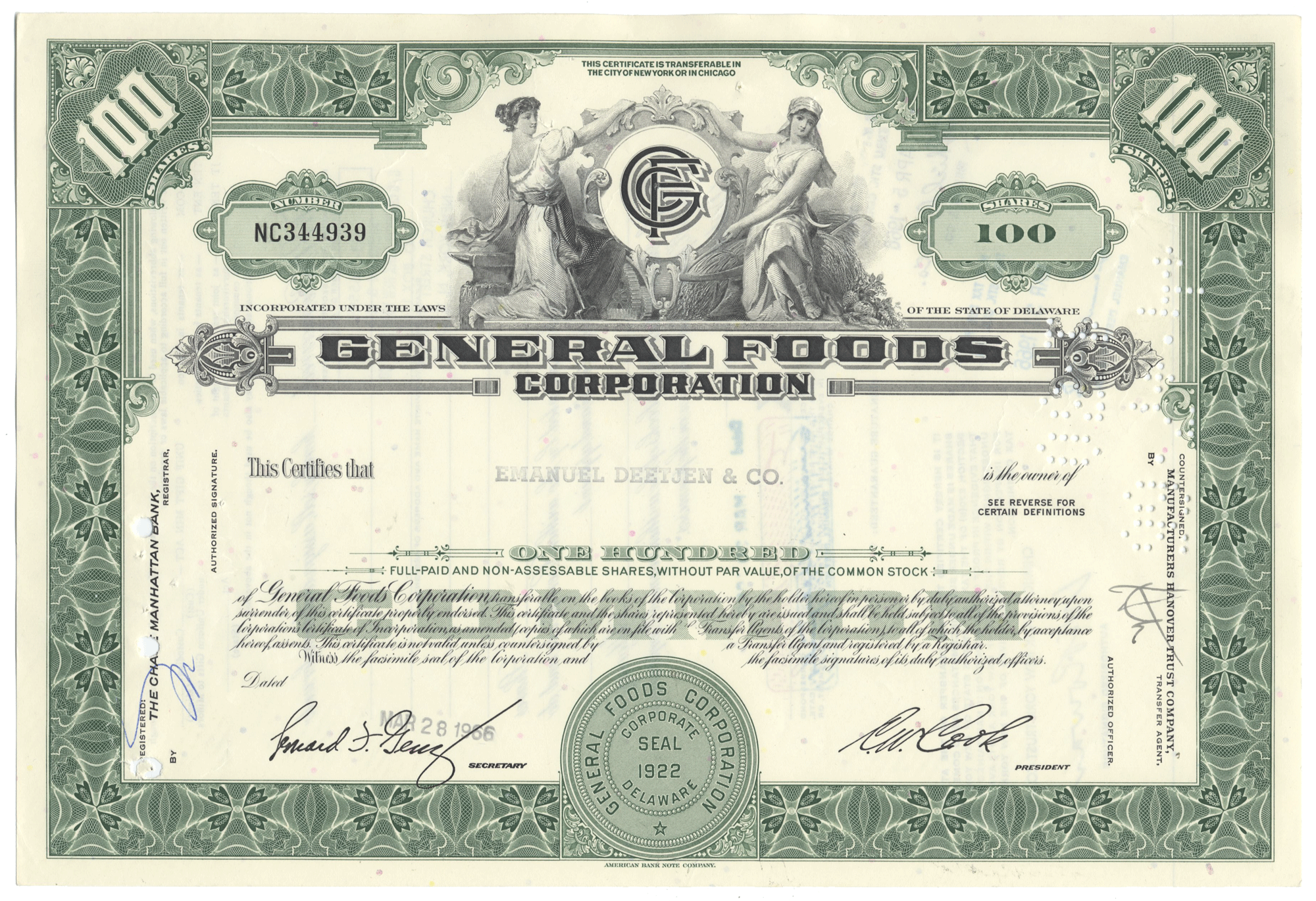 Share certificate from General Foods Corporation with decorative elements and text.