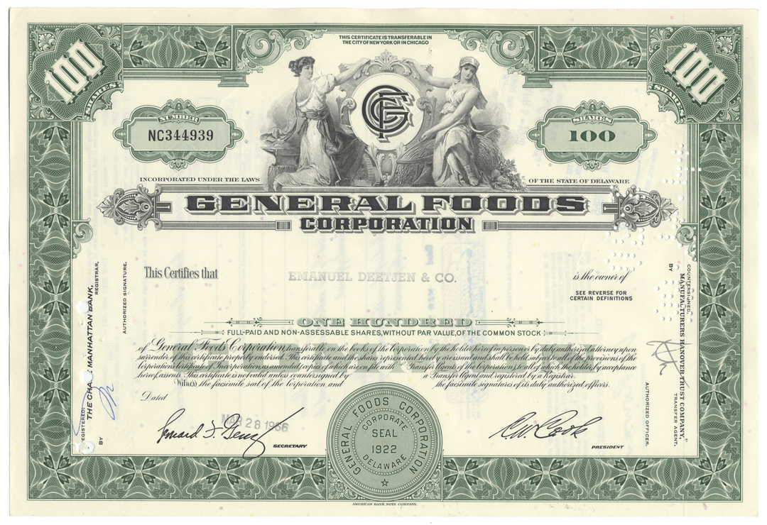 Share certificate from General Foods Corporation with decorative elements and text.